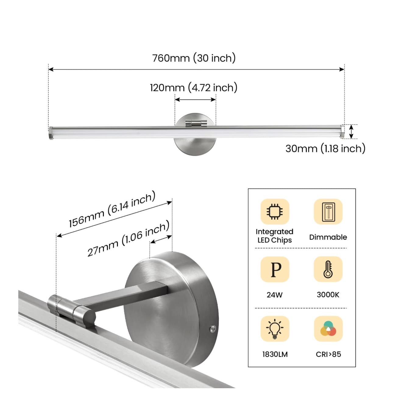 New 30 inch LED Vanity Light with Adjustable Angle and Nickel Finish - Thumbnail 7