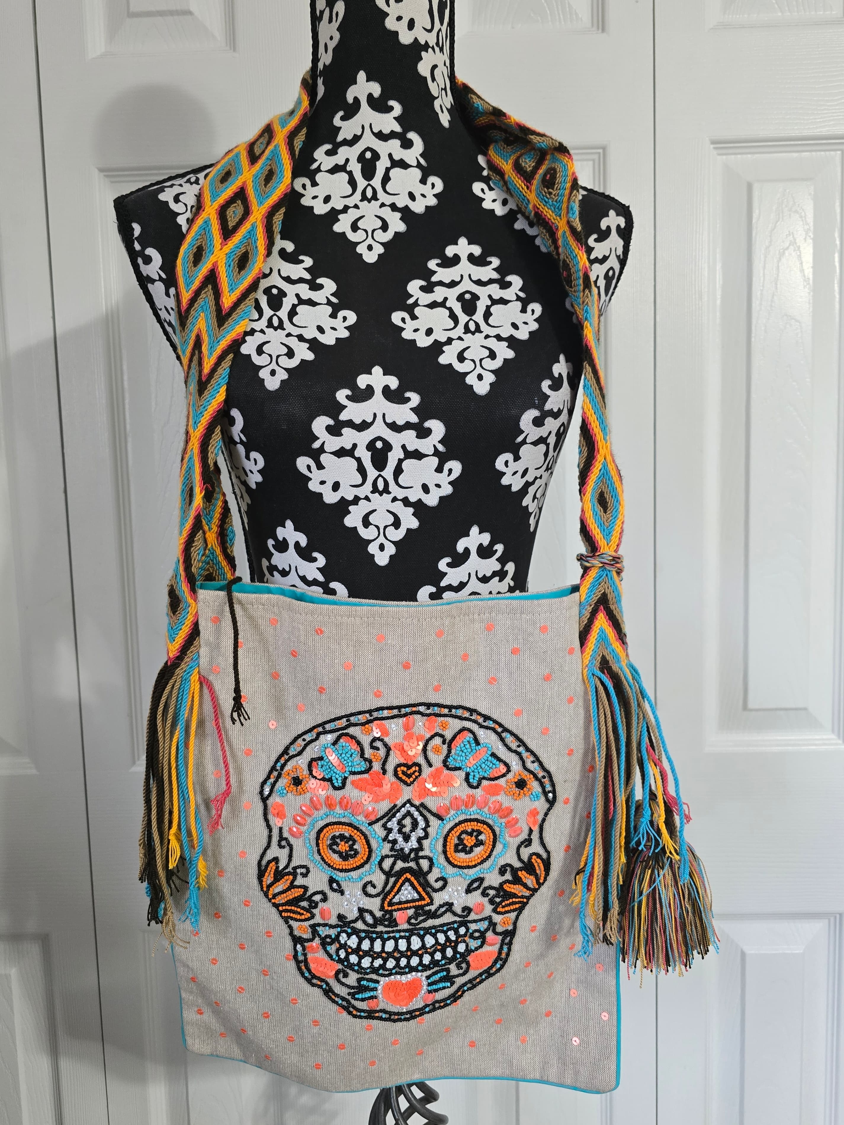 Embroidered Sugar Skull Crossbody Bag with Woven Strap - Thumbnail 7