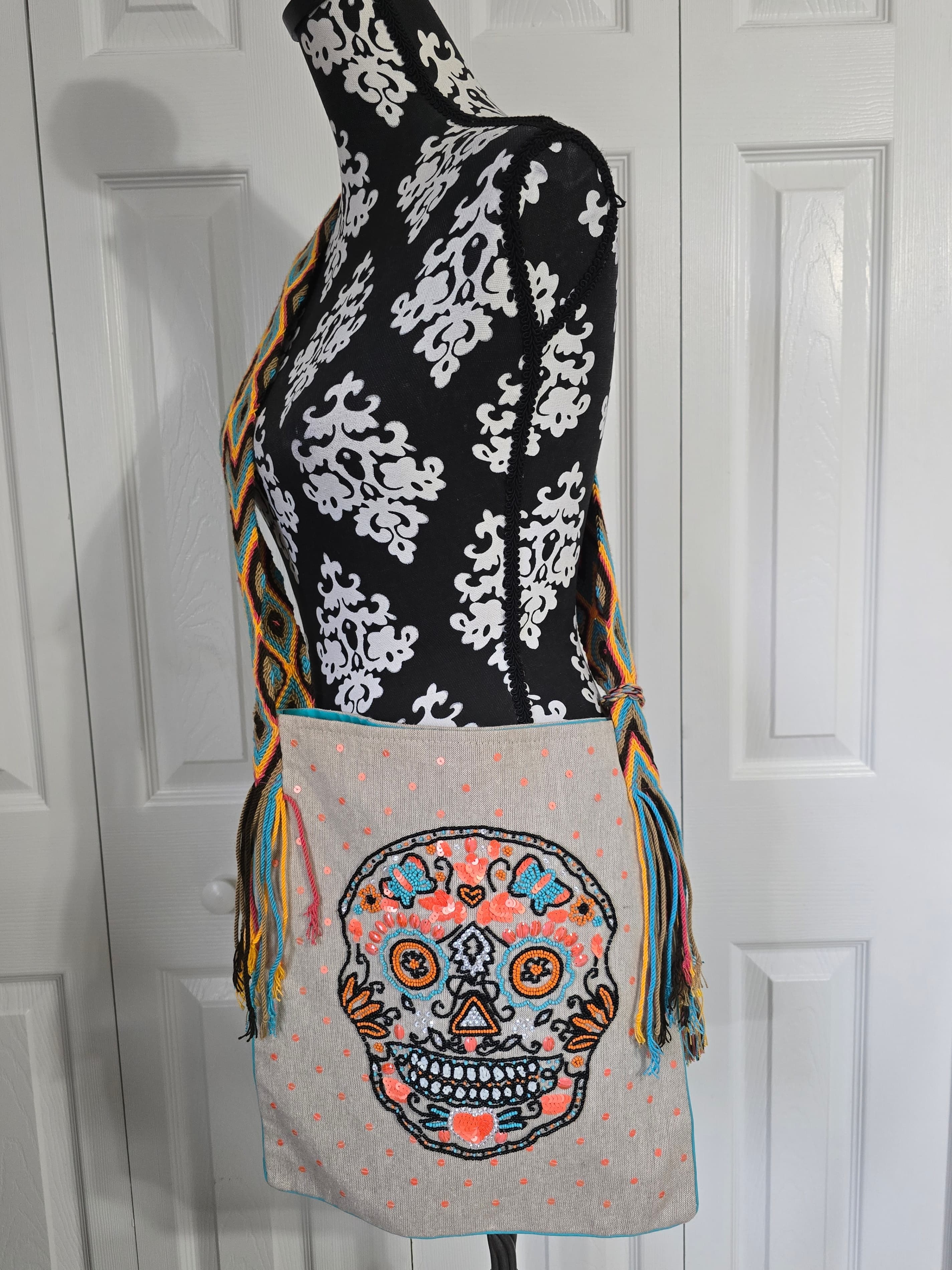 Embroidered Sugar Skull Crossbody Bag with Woven Strap - Thumbnail 2