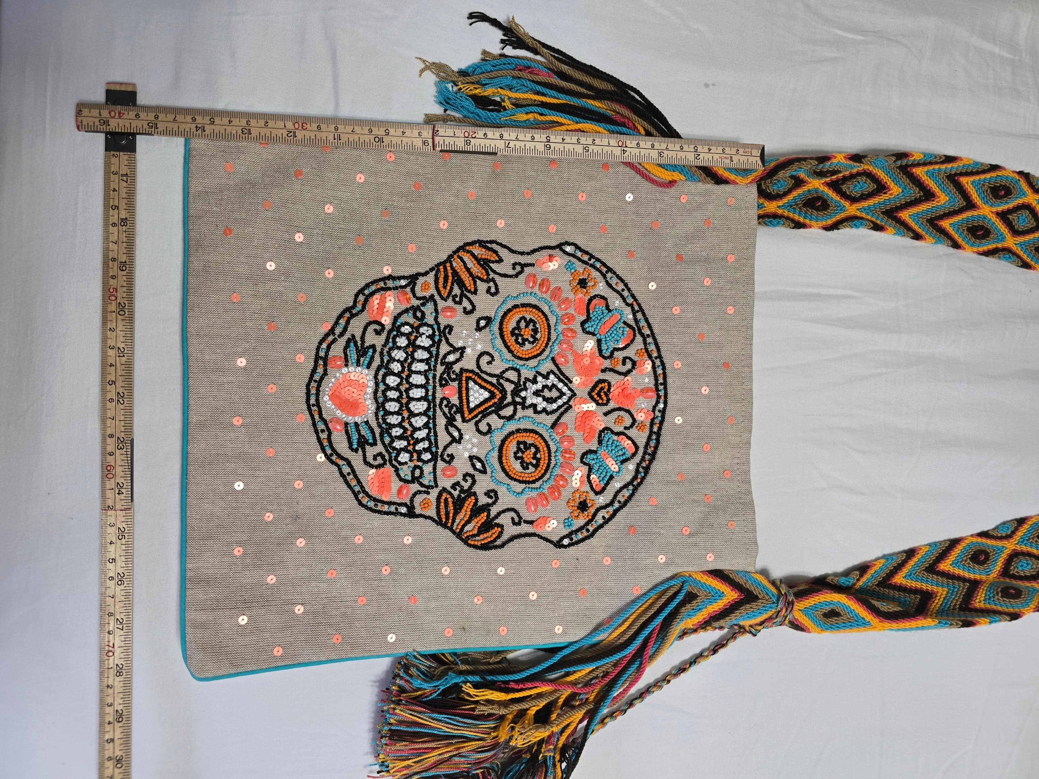 Embroidered Sugar Skull Crossbody Bag with Woven Strap - Thumbnail 8