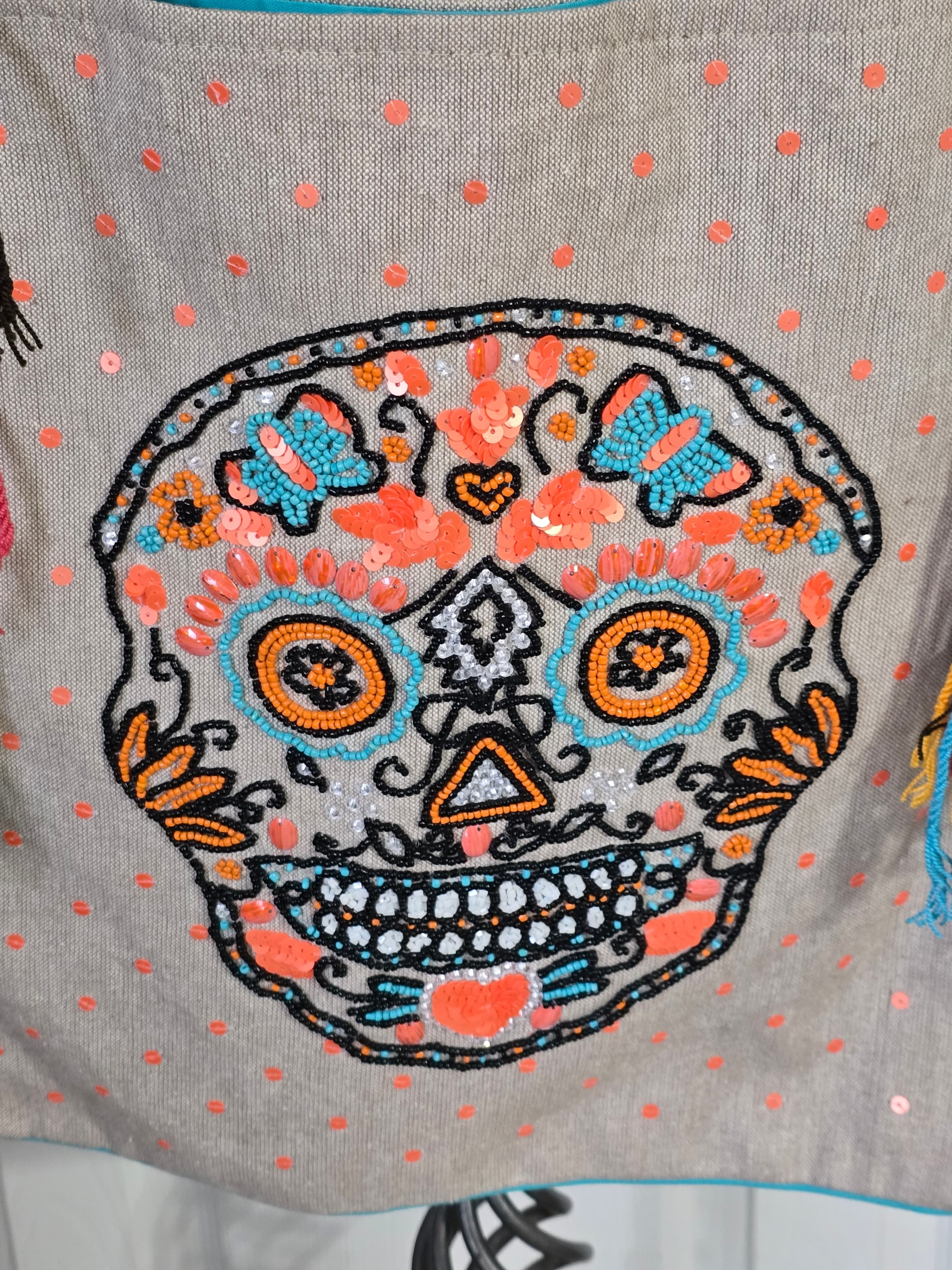 Embroidered Sugar Skull Crossbody Bag with Woven Strap - Thumbnail 5