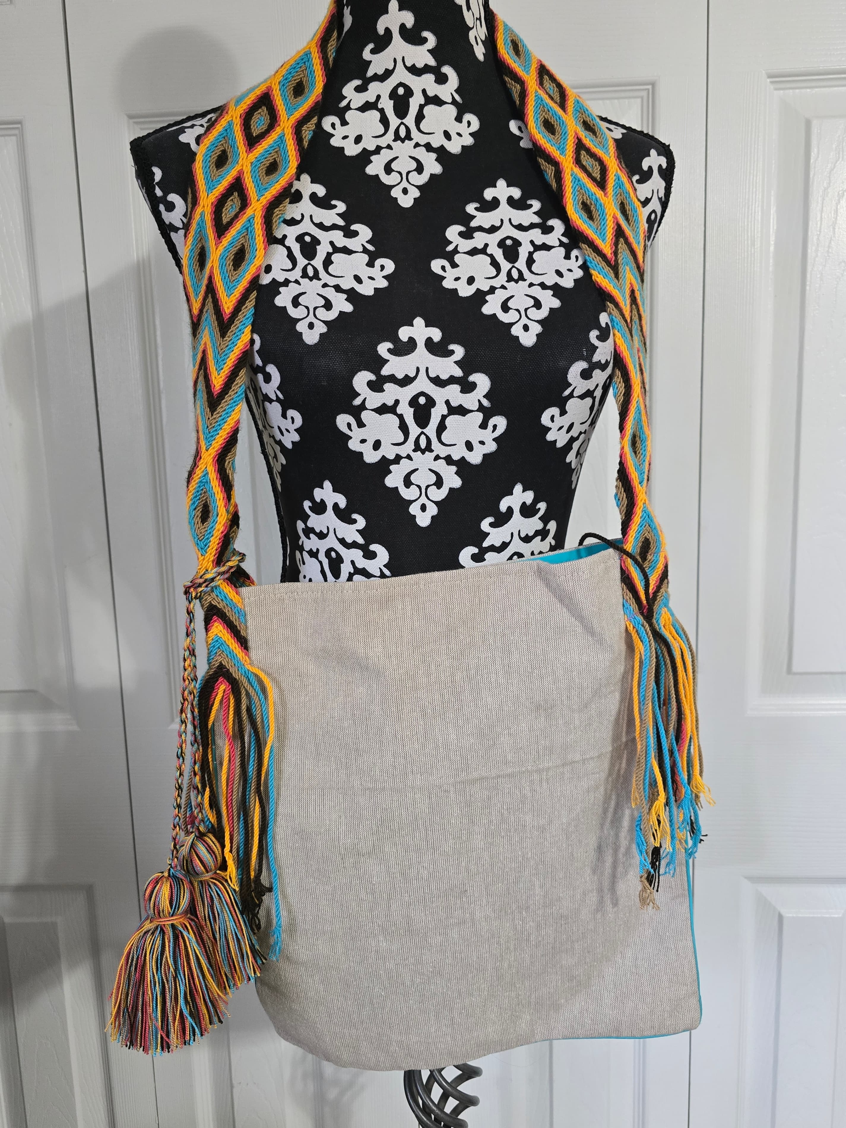 Embroidered Sugar Skull Crossbody Bag with Woven Strap - Thumbnail 4