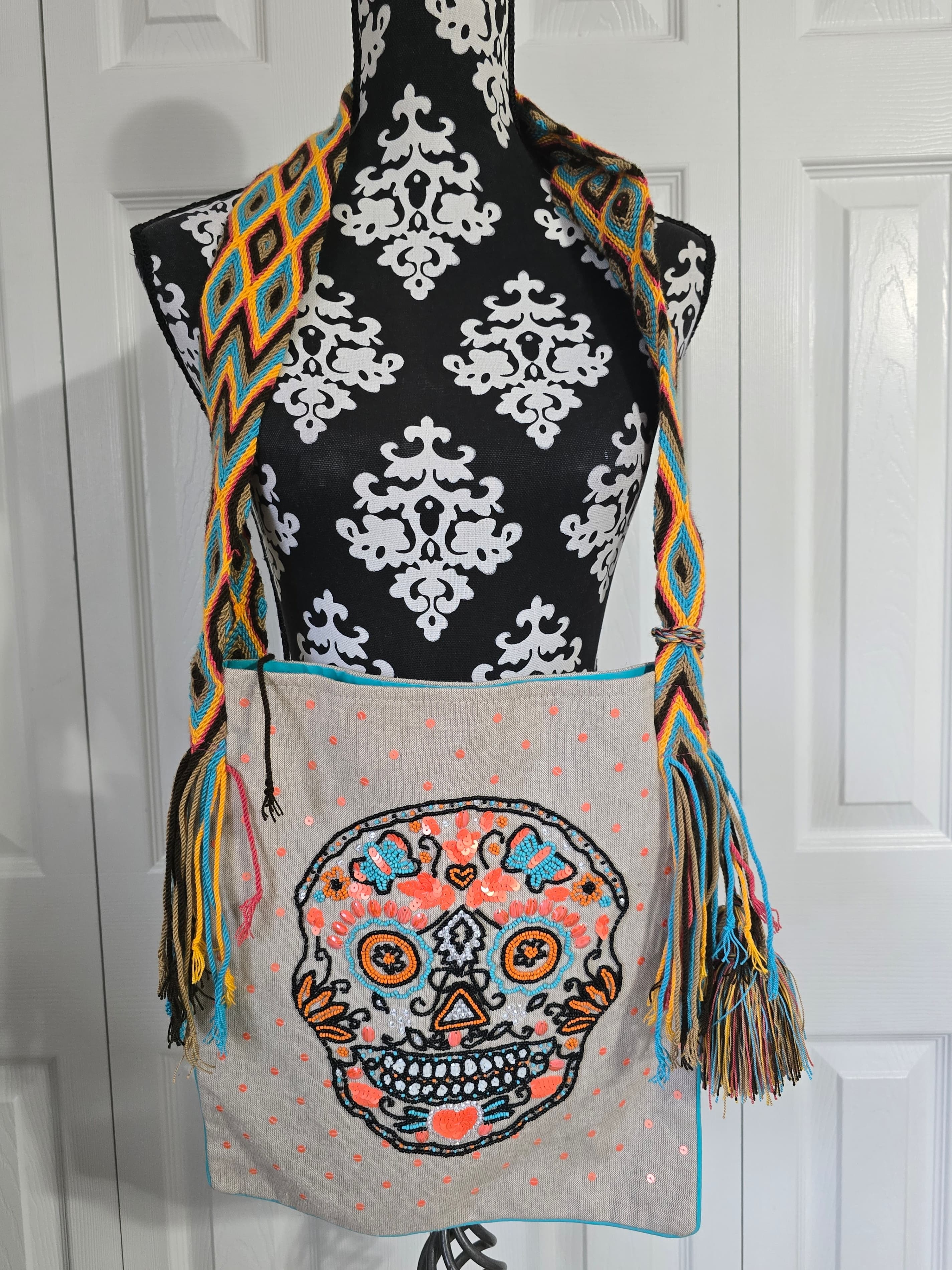 Embroidered Sugar Skull Crossbody Bag with Woven Strap - Thumbnail 6