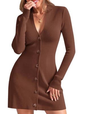 Wenrine Womens Deep V Neck Sweater Dress, Coffee, Small - Image 1