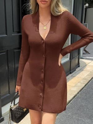 Wenrine Womens Deep V Neck Sweater Dress, Coffee, Small - Thumbnail 2