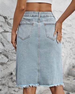 High Waist Front Split Raw Hem Tasseled Midi Denim Skirt, Medium, Light Blue - Thumbnail 3