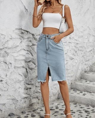 High Waist Front Split Raw Hem Tasseled Midi Denim Skirt, Medium, Light Blue - Thumbnail 2