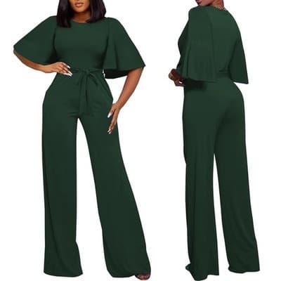 BessCops Womens Loose Short Sleeve Belted Wide Leg Pant Romper, Green - Image 1