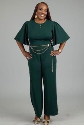 BessCops Womens Loose Short Sleeve Belted Wide Leg Pant Romper, Green - Thumbnail 3
