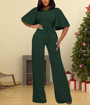 BessCops Womens Loose Short Sleeve Belted Wide Leg Pant Romper, Green - Thumbnail 2