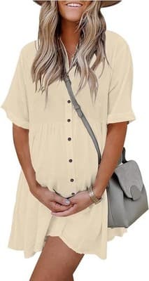 PYGFEMR Women's Summer Short Sleeve Babydoll Dress, Small, Apricot - Image 1