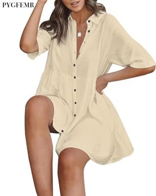PYGFEMR Women's Summer Short Sleeve Babydoll Dress, Small, Apricot - Thumbnail 2
