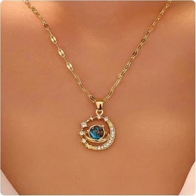 Gold Necklace for Women, Celestial Moon and Star Gemstone Pendant Necklace - Thumbnail 5