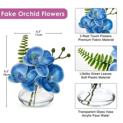 Blue Orchid Artificial Flower in Clear Glass Vase - Image 1