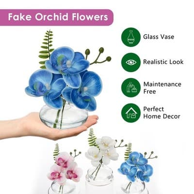 Blue Orchid Artificial Flower in Clear Glass Vase - Thumbnail 2
