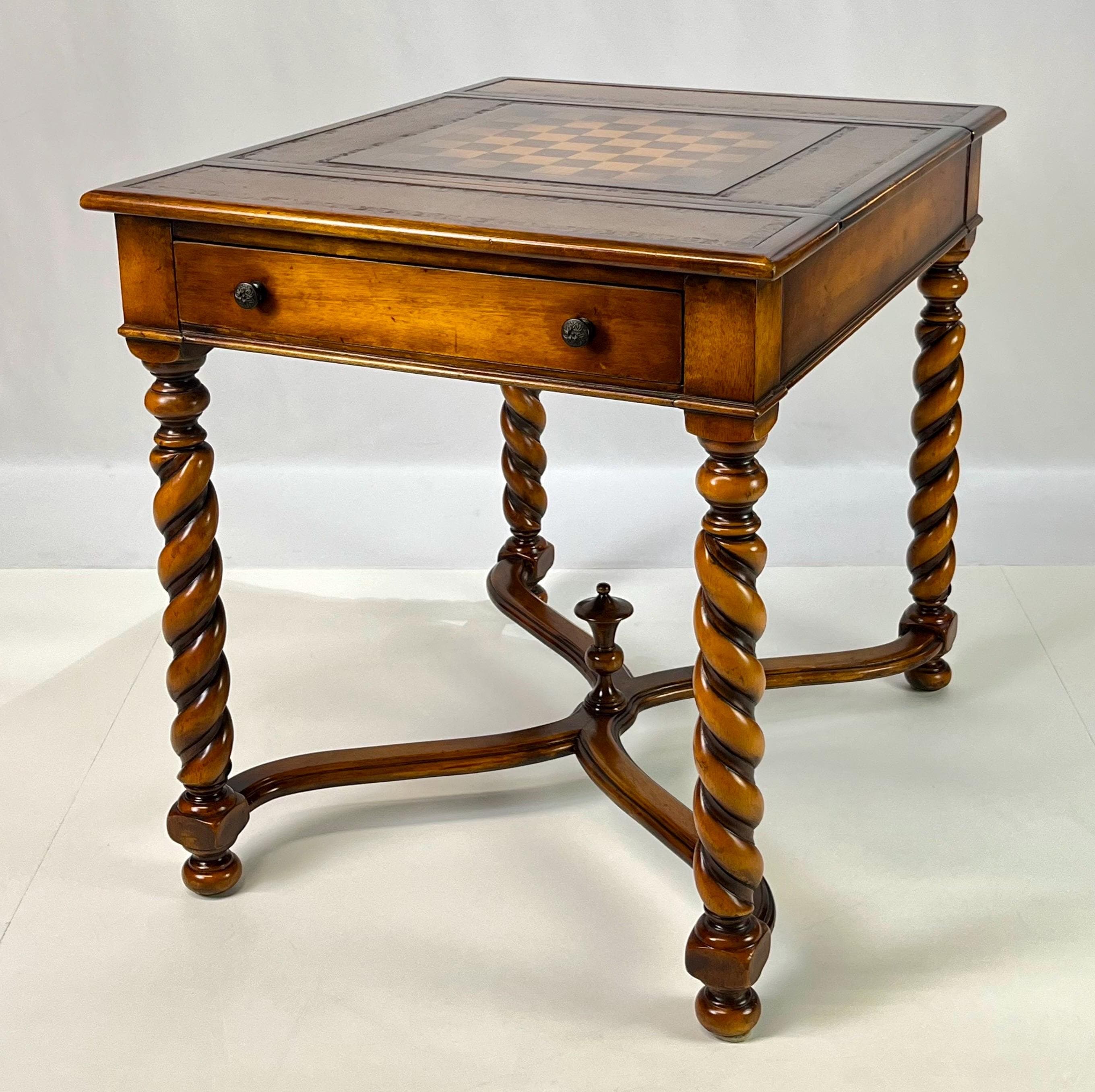 Theodore Alexander Attributed Barley Twist Game Table With Reversible Tooled Leather Top - Image 1