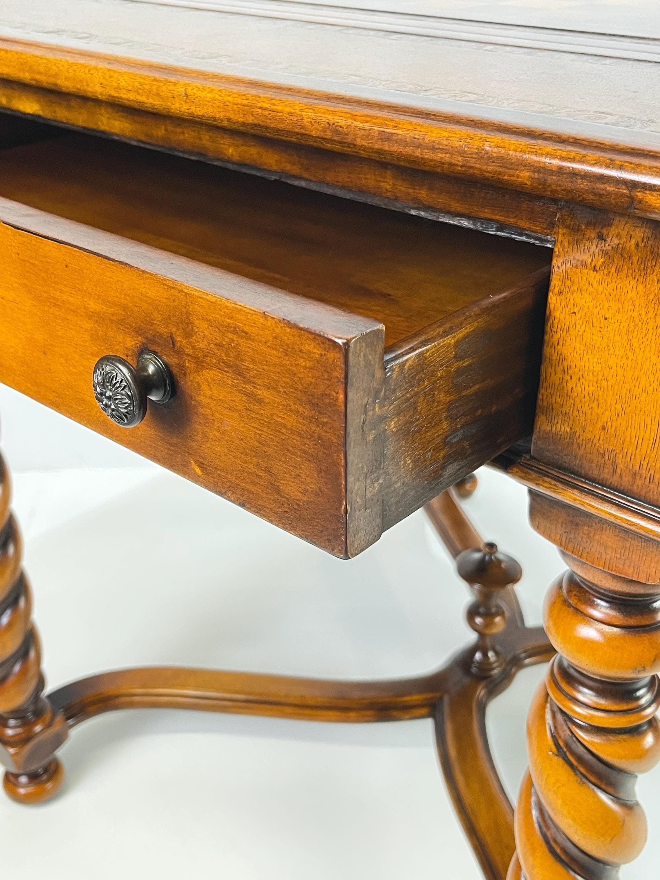 Theodore Alexander Attributed Barley Twist Game Table With Reversible Tooled Leather Top - Thumbnail 6