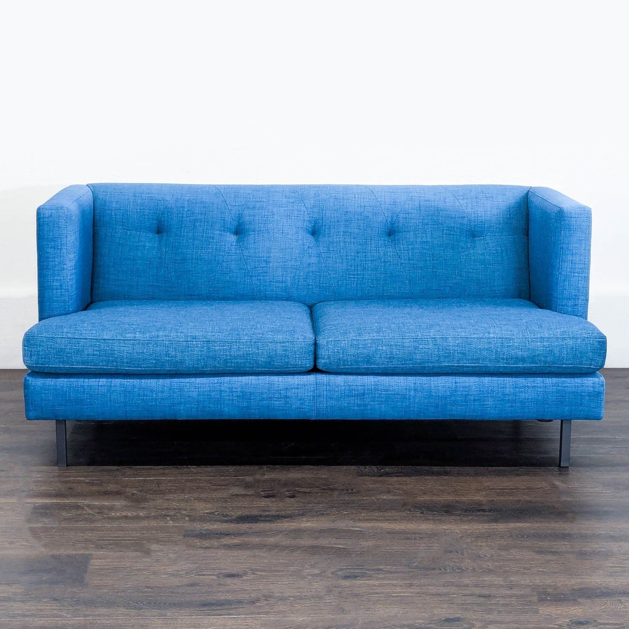 CB2 Avec Modern Blue Fabric Loveseat with Metal Legs - Image 1