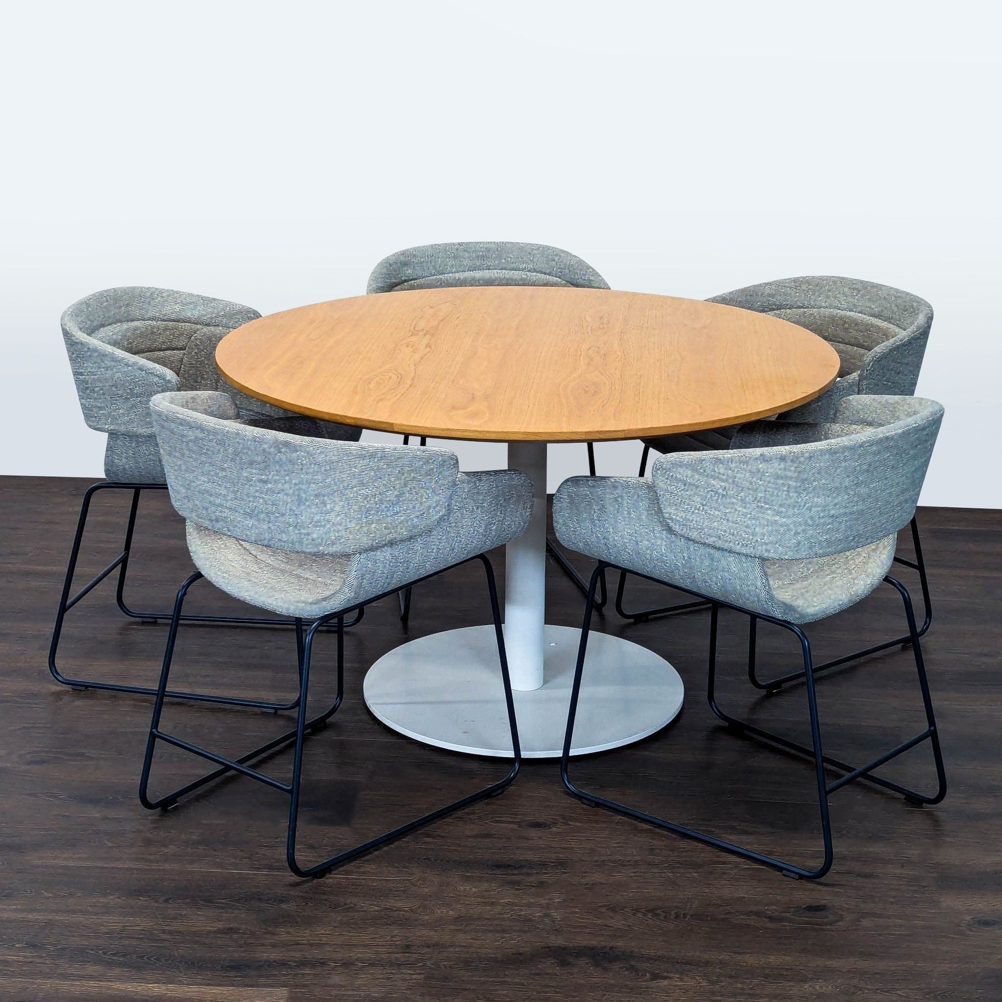 Blu Dot Modern Round Dining Set with 5 Racer Upholstered Chairs - Image 1