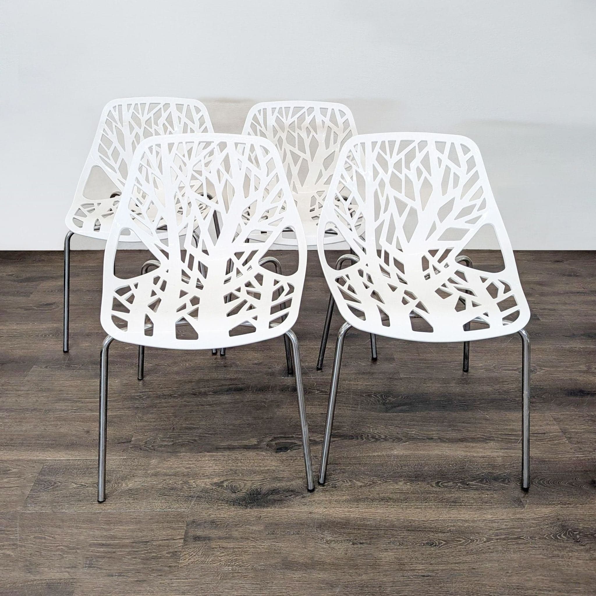 Set of 4 Modern White Tree-Pattern Dining Chairs with Metal Legs - Image 1