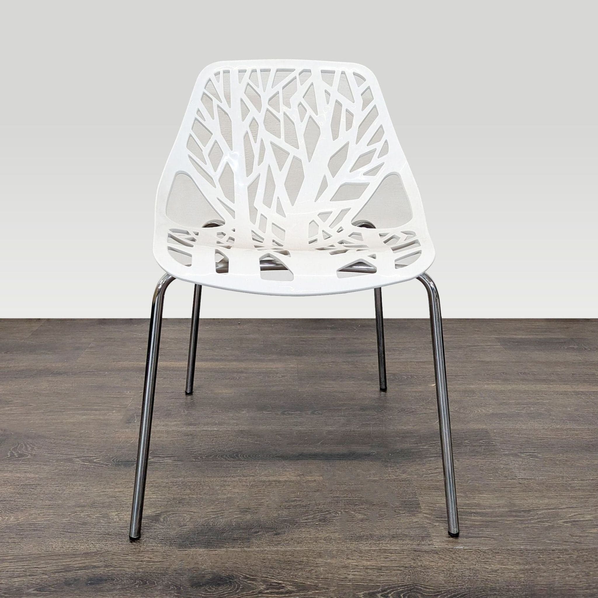 Set of 4 Modern White Tree-Pattern Dining Chairs with Metal Legs - Thumbnail 2