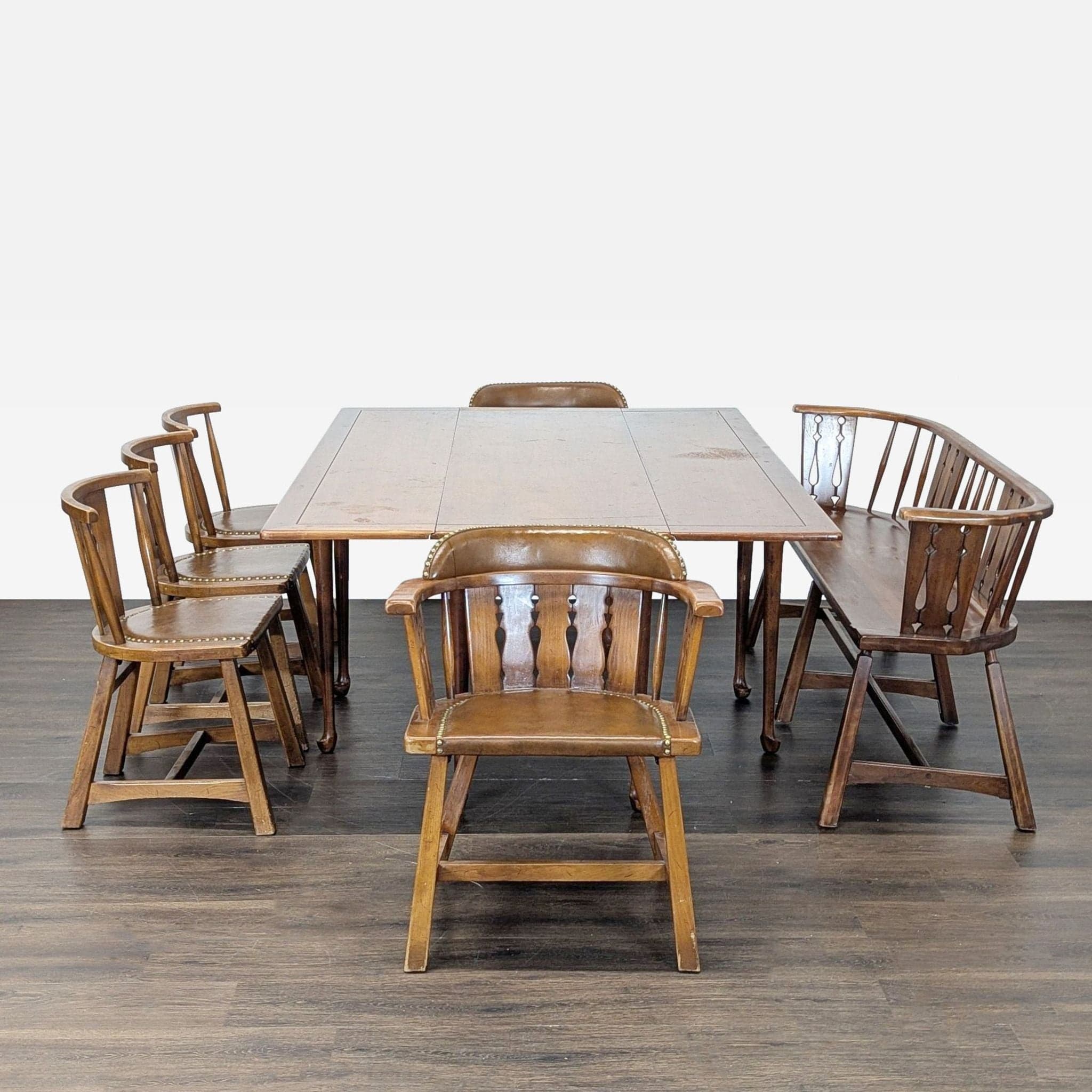 Rustic Wooden Dining Set with Table, 4 Chairs, Armchair, and Bench - Image 1