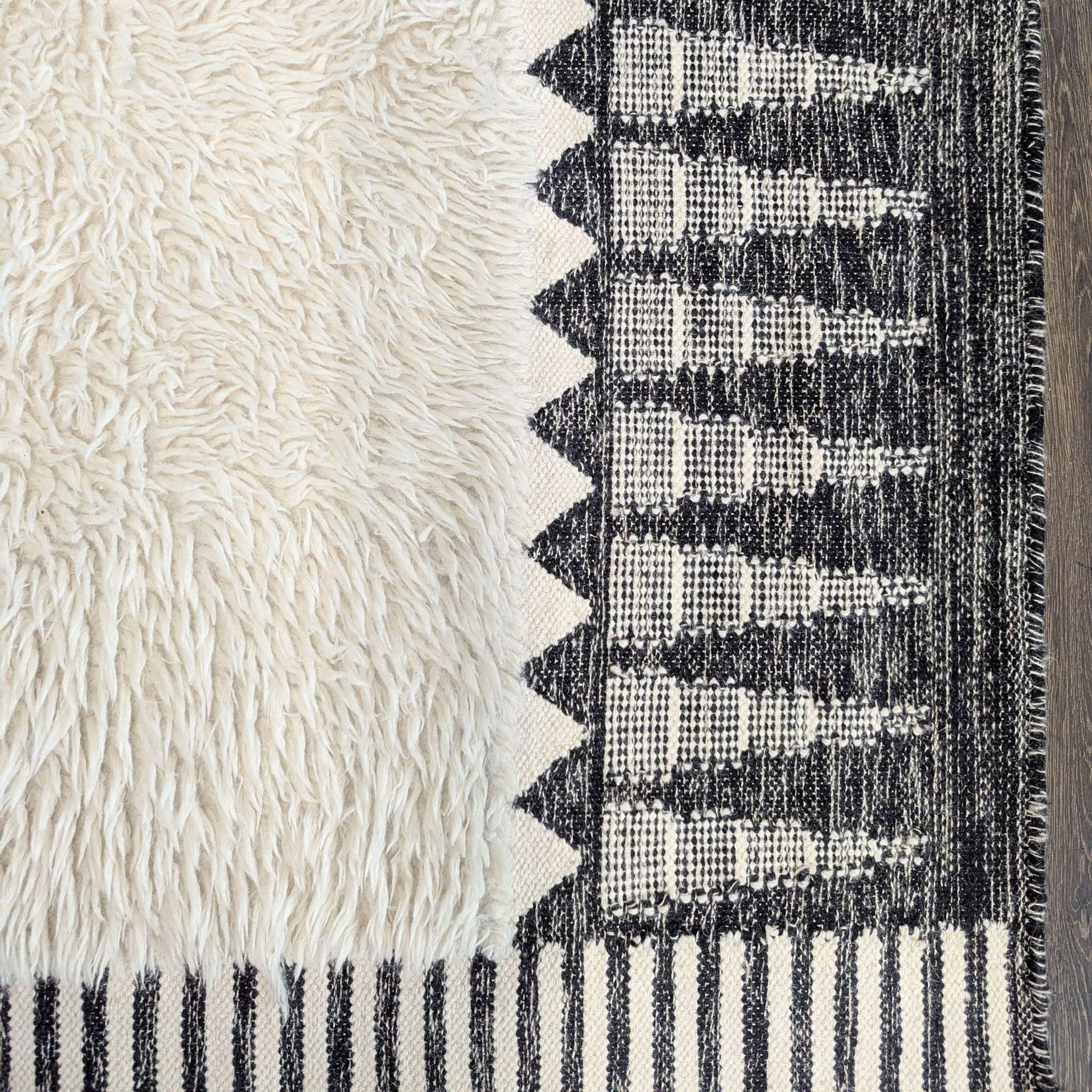 West Elm Ikat 5’x8’ Black and White Shag Rug with Geometric Pattern, Modern Style - Thumbnail 2