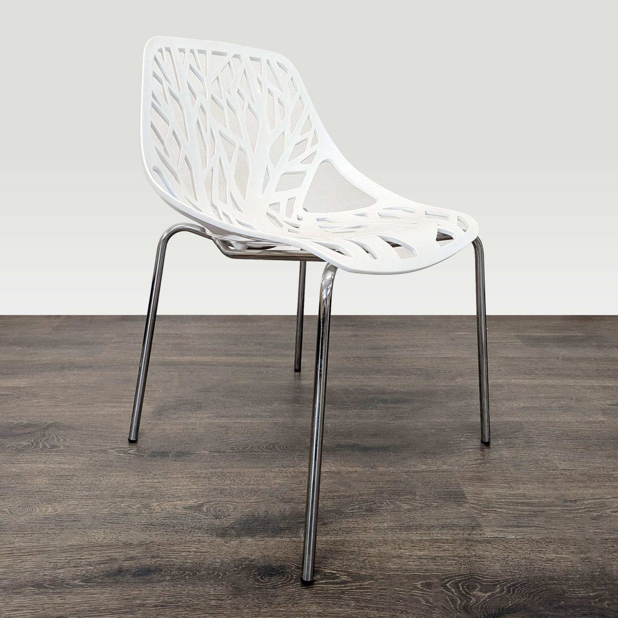 Set of 4 Modern White Tree-Pattern Dining Chairs with Metal Legs - Thumbnail 8