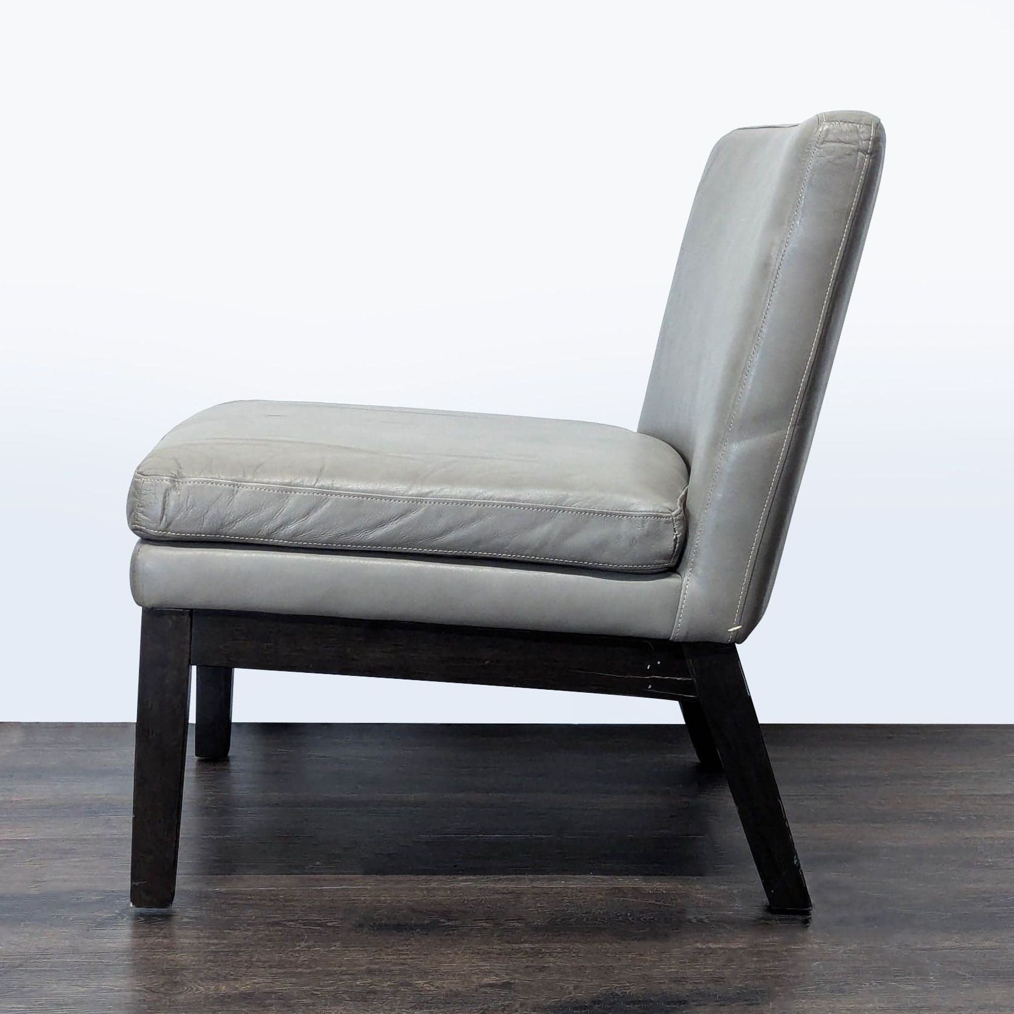 West Elm Modern Gray Leather Slipper Chair with Dark Wood Legs - Thumbnail 5