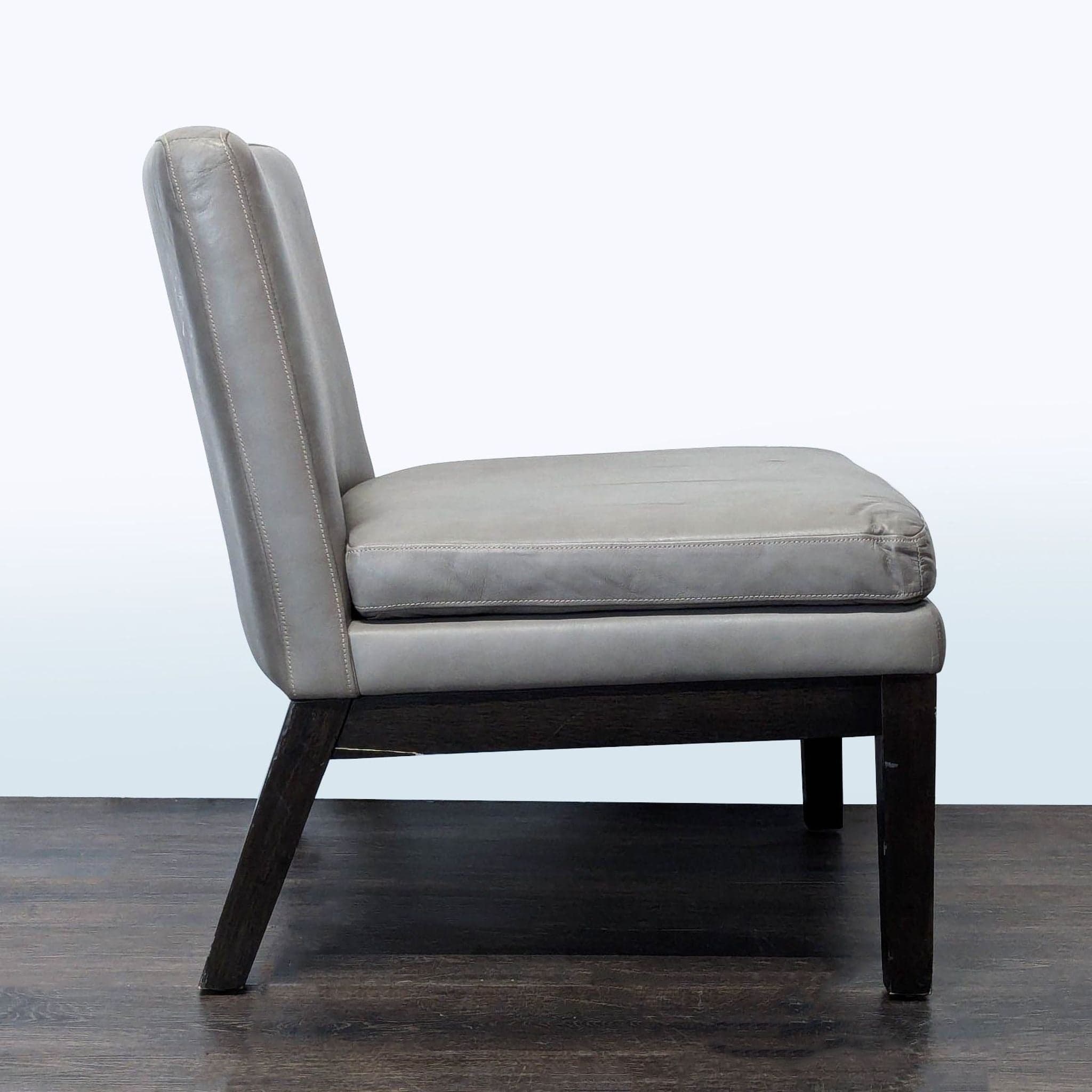 West Elm Modern Gray Leather Slipper Chair with Dark Wood Legs - Thumbnail 3