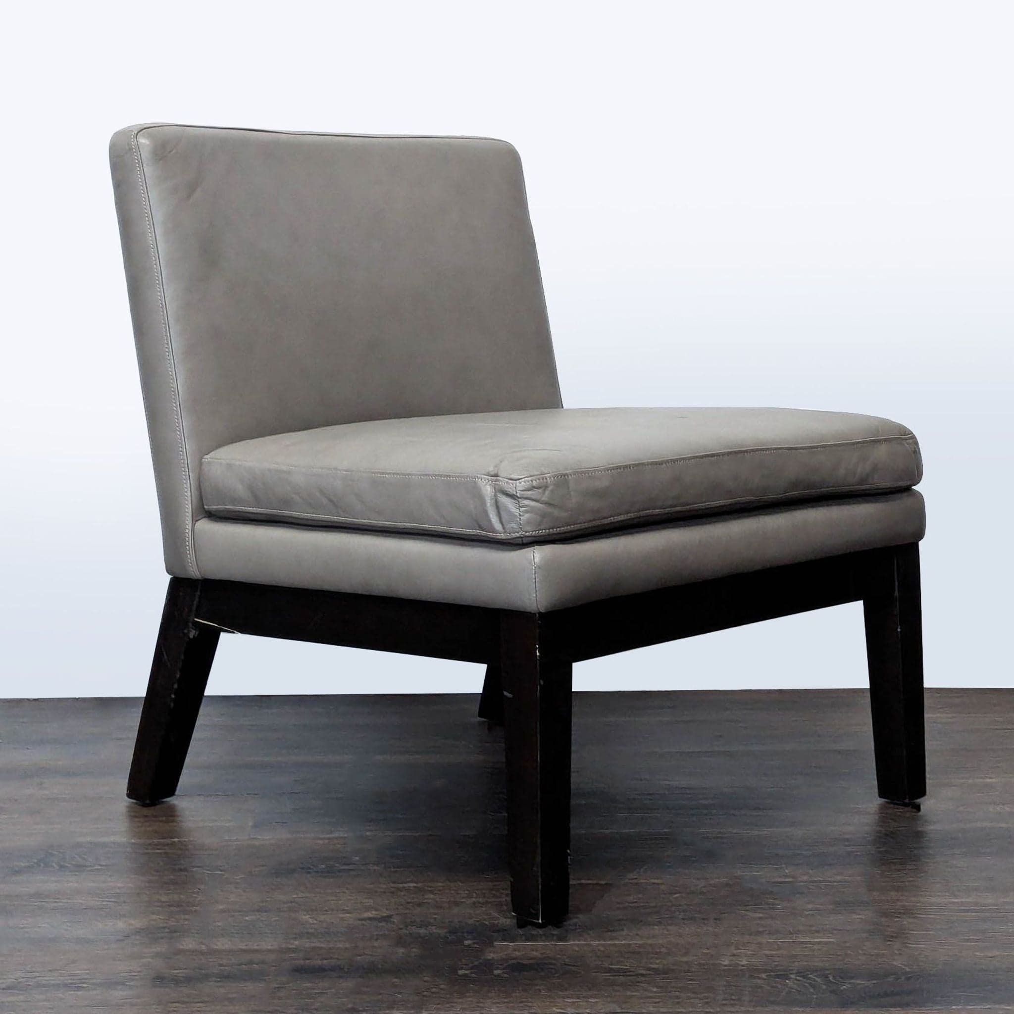 West Elm Modern Gray Leather Slipper Chair with Dark Wood Legs - Thumbnail 2