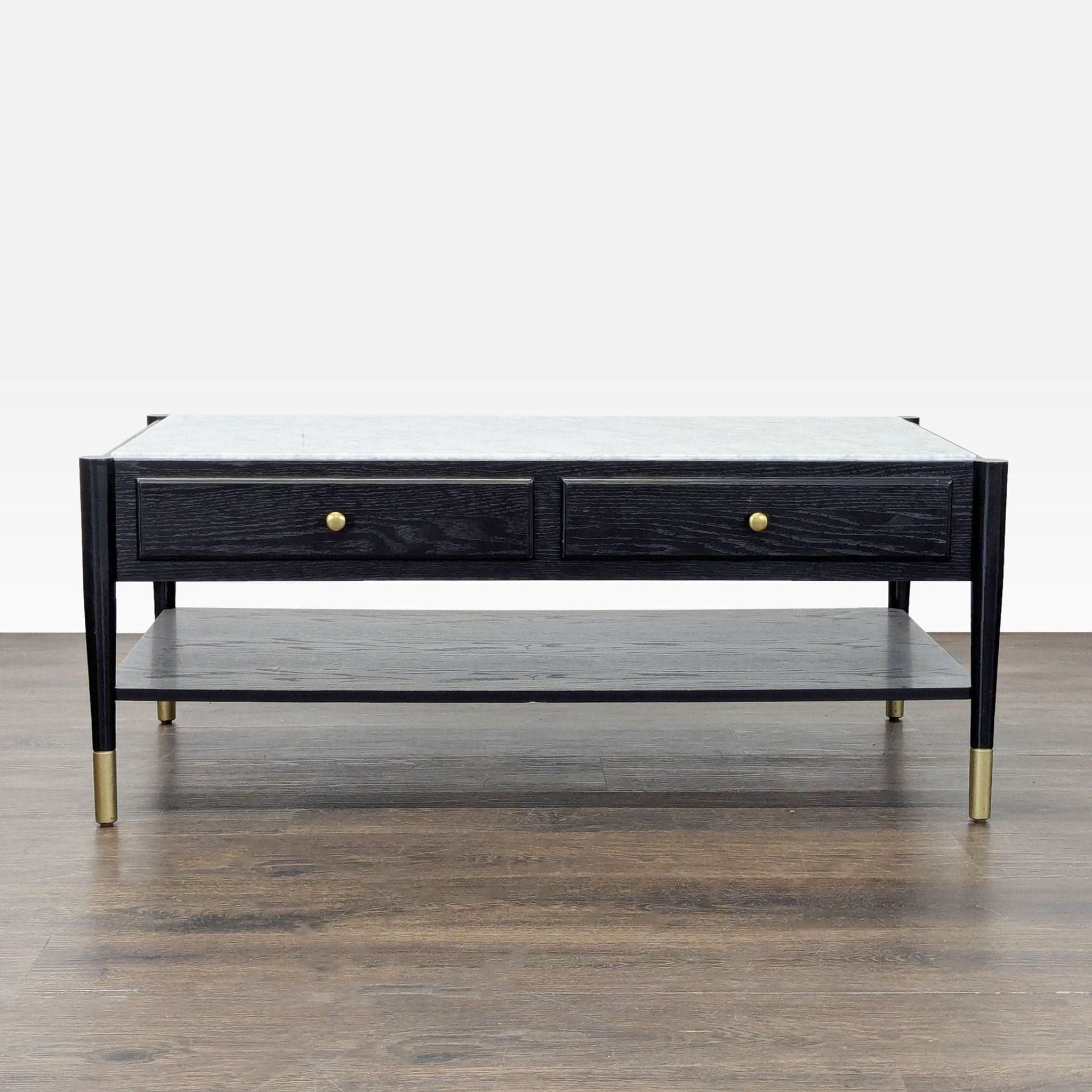 Two Drawer Wood Coffee Table with Marble Top - Image 1