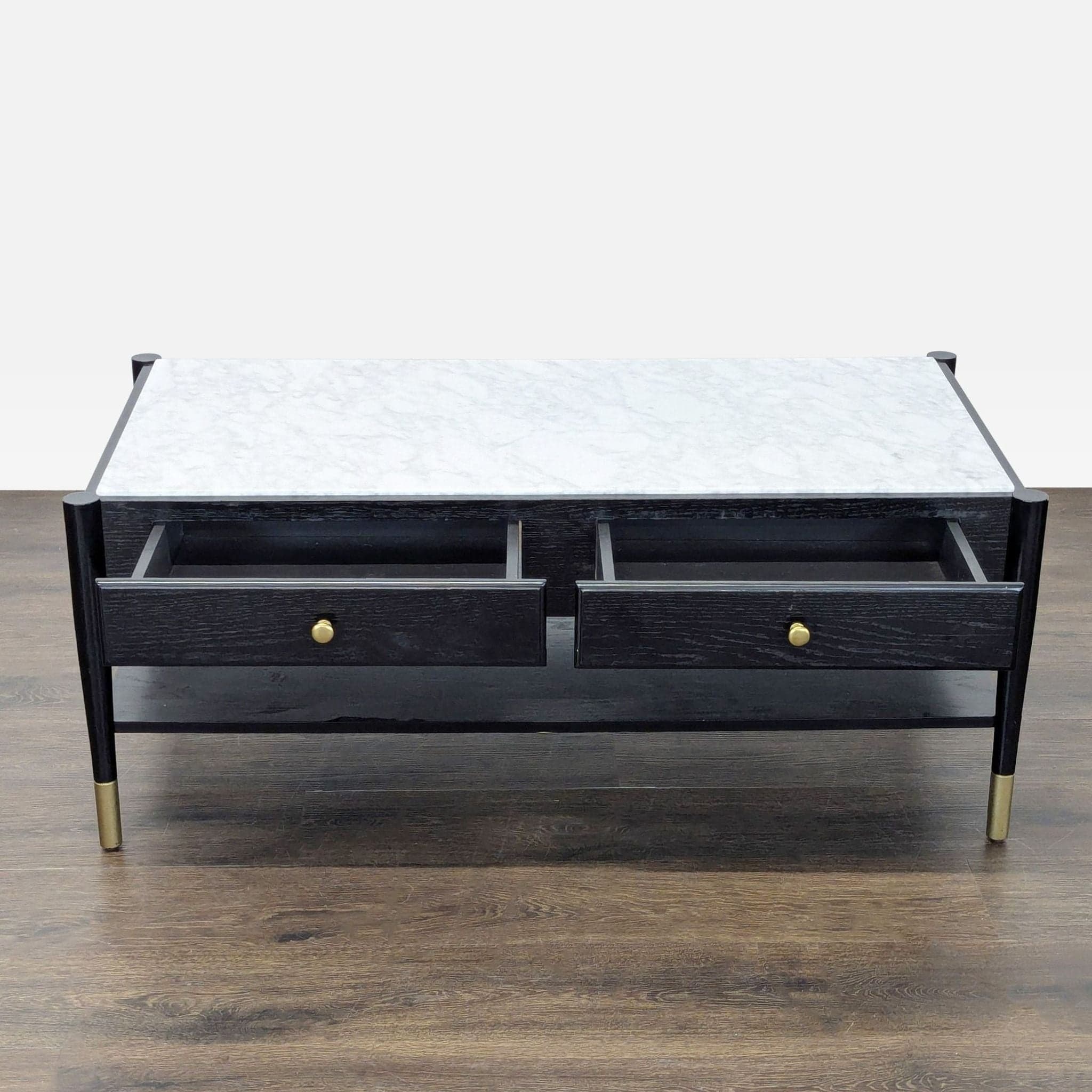 Two Drawer Wood Coffee Table with Marble Top - Thumbnail 2