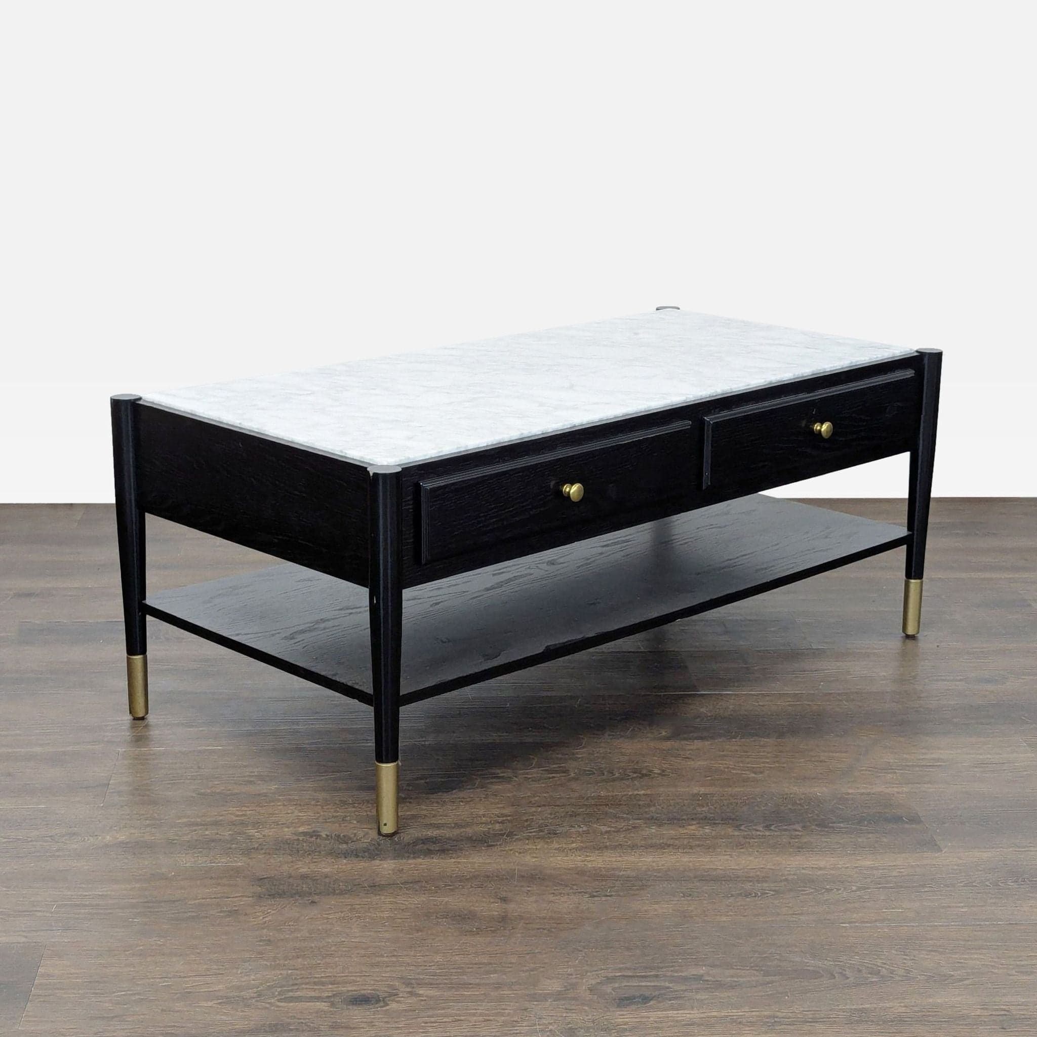 Two Drawer Wood Coffee Table with Marble Top - Thumbnail 4