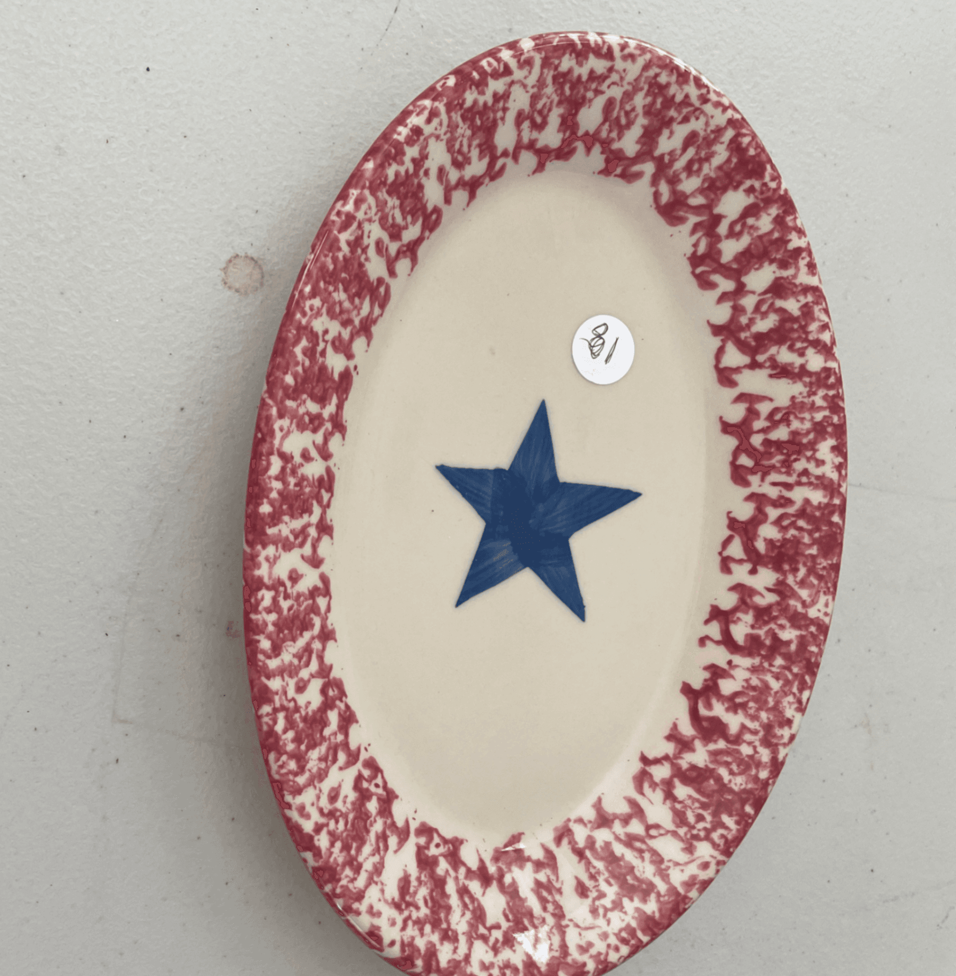 Vintage Oval Platter with Red Rim and Blue Star Design - Thumbnail 2