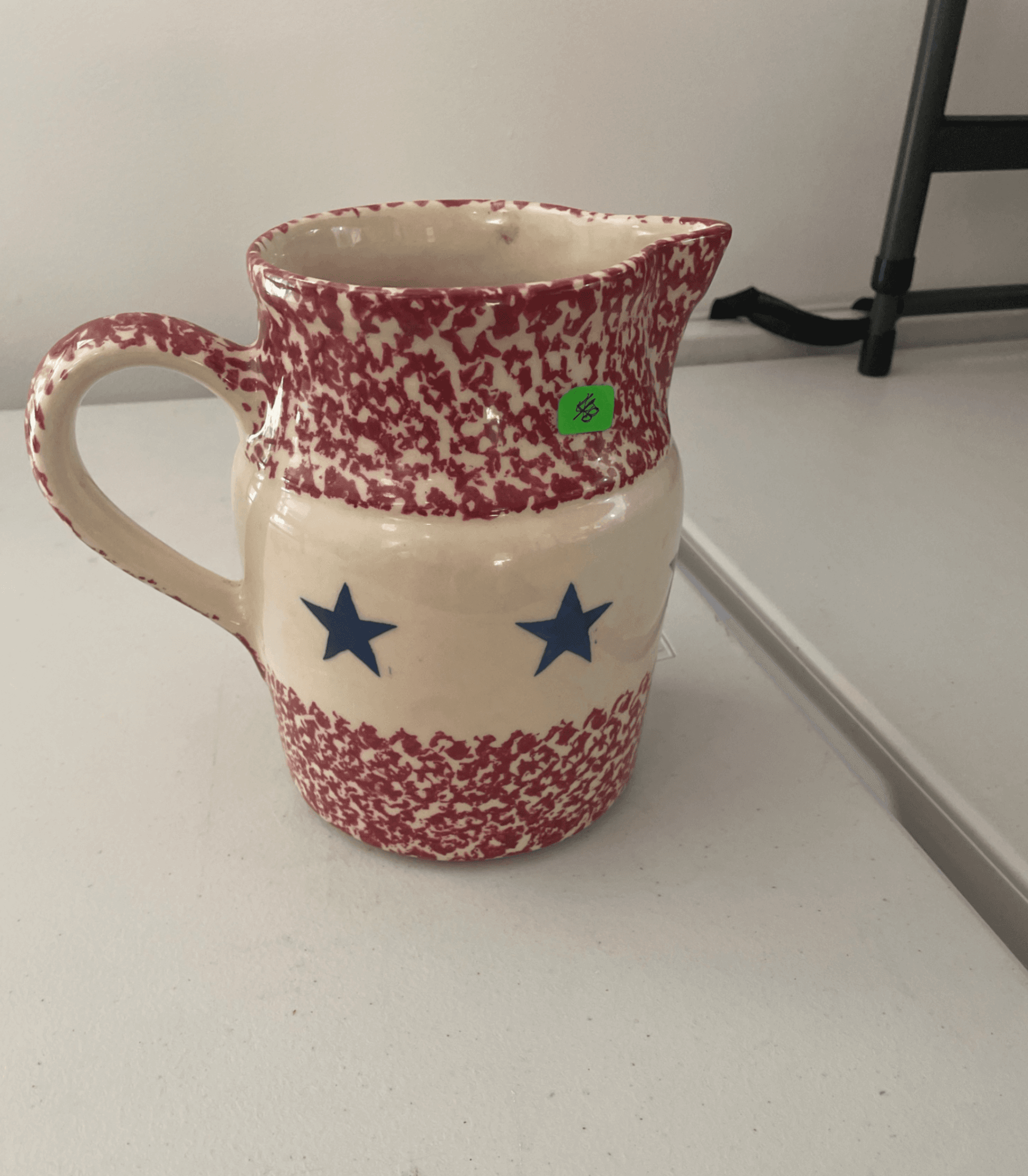 Red and White Speckled Ceramic Pitcher with Blue Stars - Thumbnail 2