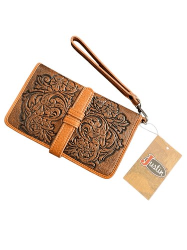Justin Ladie’s Floral Embossed Faux Leather Clutch/Wristlet/Wallet - Image 1