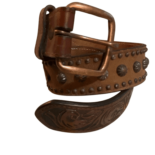 3D Belt Vintage Kids Leather Hand Tooled/Studded Copper Buckle Belt - Image 1