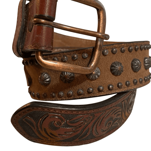 3D Belt Vintage Kids Leather Hand Tooled/Studded Copper Buckle Belt - Thumbnail 2