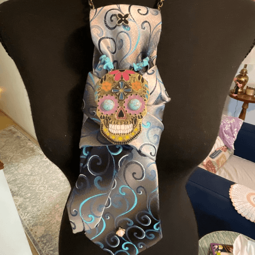 Boss Bitchin Tie Turquoise Women’s Restyled Men’s Tie W/Skull Turquoise Necklace - Thumbnail 4