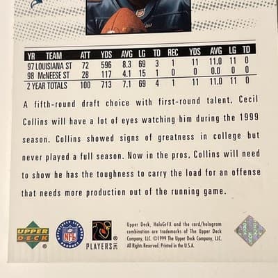 1999 Upper Deck HoloGrFX - Rookie GRFX Cecil Collins #89 (RC) - Thumbnail 3