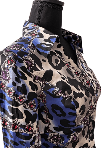 VTG 90’s Cache Silk Women’s Button Up Fitted Leopard Gem Print Blouse size XS - Thumbnail 4