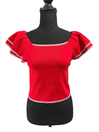 Saodimallsu Women’s Square Neck Ruffle S/S Cropped Sweater Top - Image 1