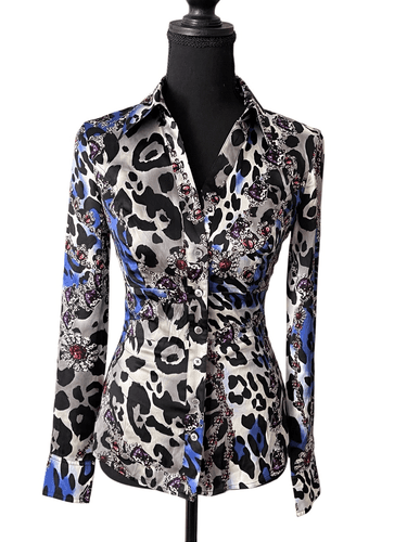 VTG 90’s Cache Silk Women’s Button Up Fitted Leopard Gem Print Blouse size XS - Image 1