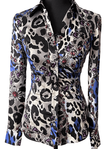 VTG 90’s Cache Silk Women’s Button Up Fitted Leopard Gem Print Blouse size XS - Thumbnail 2