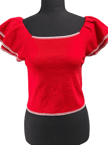 Saodimallsu Women’s Square Neck Ruffle S/S Cropped Sweater Top - Thumbnail 2