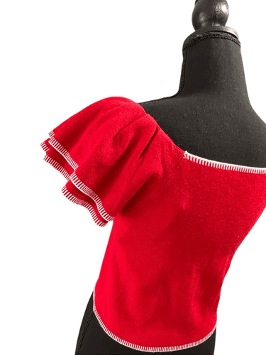 Saodimallsu Women’s Square Neck Ruffle S/S Cropped Sweater Top - Thumbnail 6