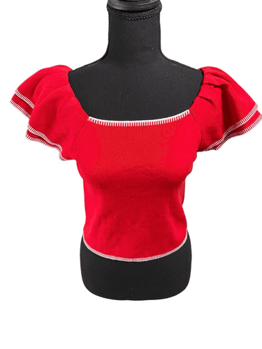 Saodimallsu Women’s Square Neck Ruffle S/S Cropped Sweater Top - Thumbnail 10