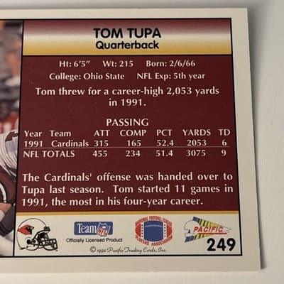 1992 Pacific - Tom Tupa #249 - Thumbnail 4