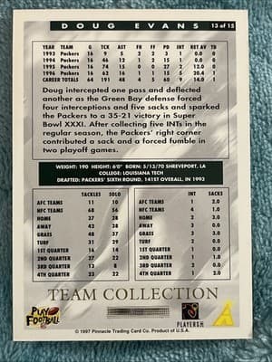 1997 Score Team Collection - Green Bay Packers Doug Evans #13 - Thumbnail 3
